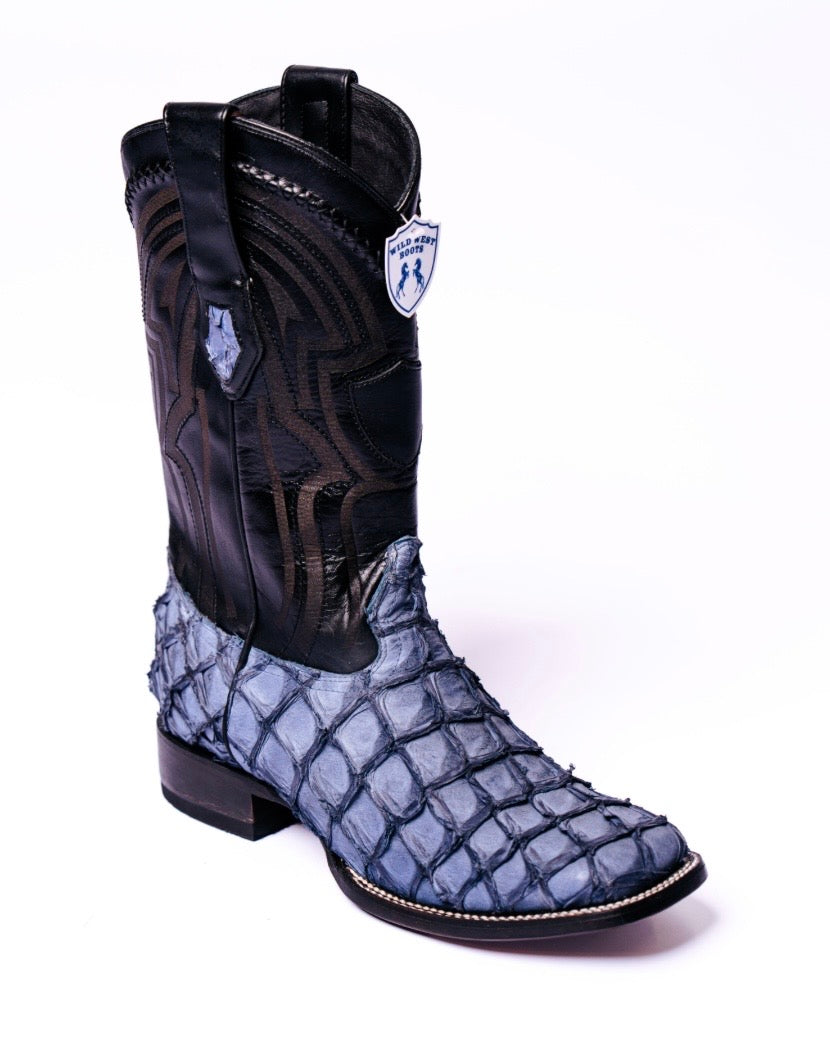WILD WEST INVERTED AUTHENTIC PIRRARRUCU WIDE SQUARE TOE DENIM BLUE