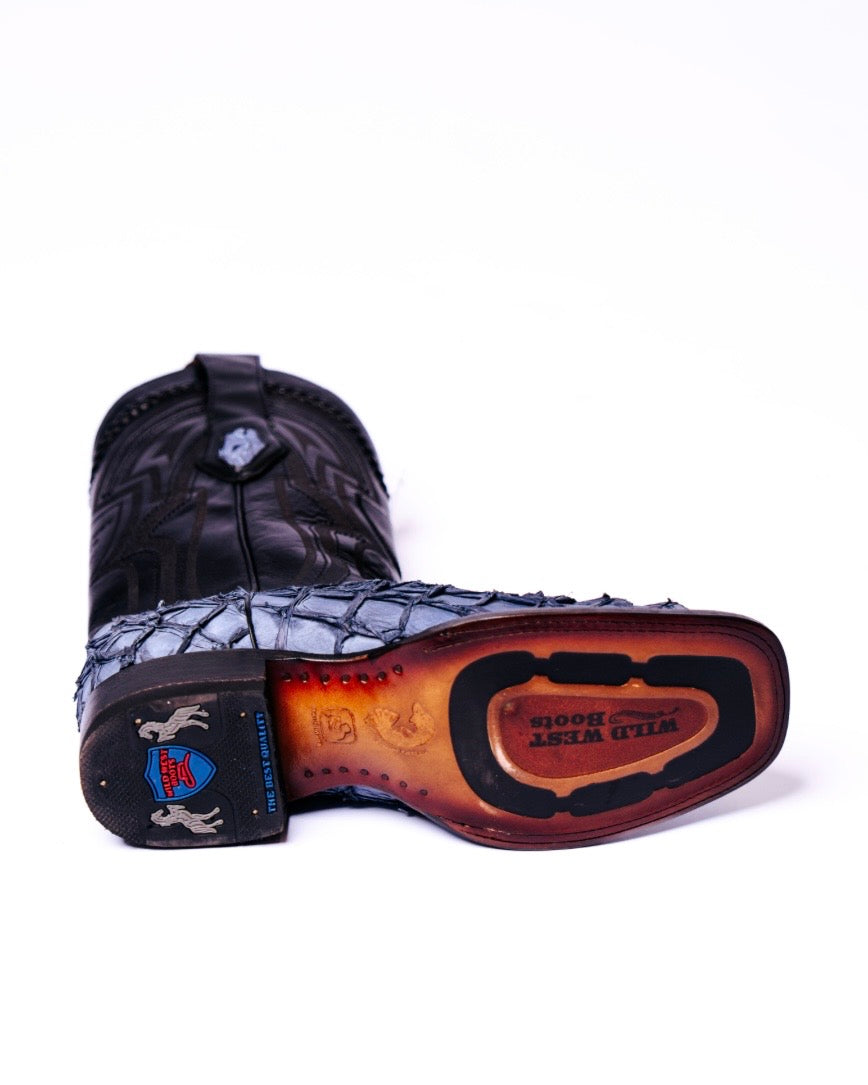 WILD WEST INVERTED AUTHENTIC PIRRARRUCU WIDE SQUARE TOE DENIM BLUE
