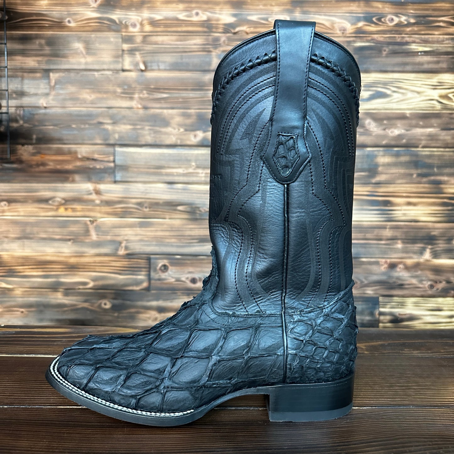 Wild West Authentic Inverted Pirarucu Boots - Wide Square Toe Matte Black