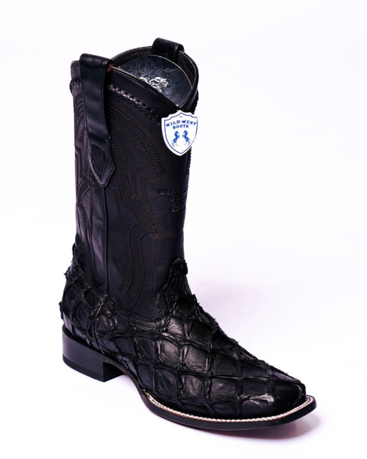 Wild West Authentic Inverted Pirarucu Boots - Wide Square Toe Matte Black